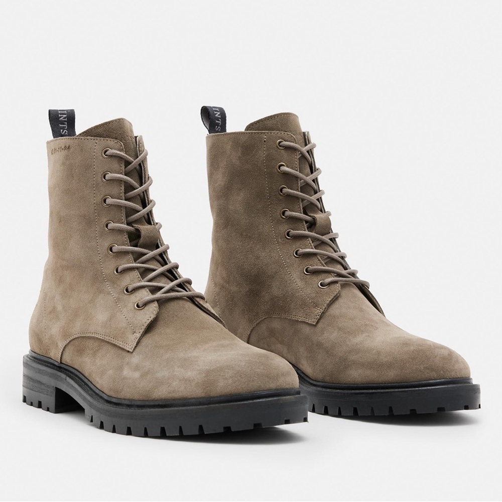 NWT AllSaints Men’s Suede Leather Combat Boots Size 10 - Tobias Khaki